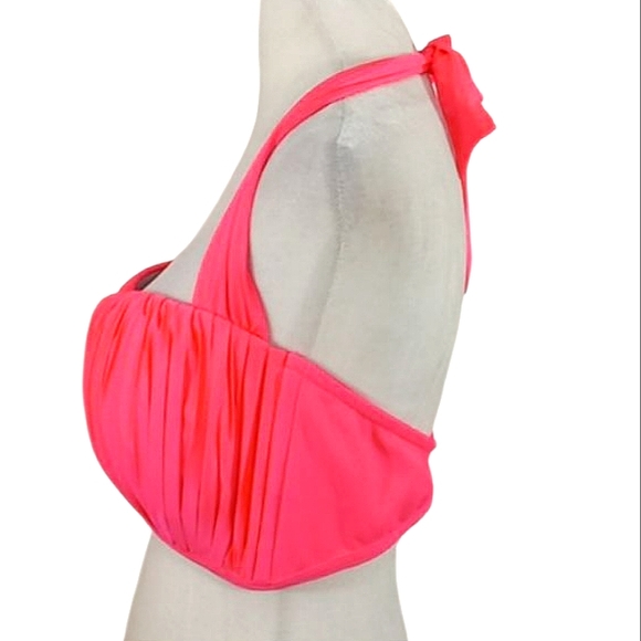 Seafolly Kiara Coral Pink Swimsuit Top Pleated Halter Tie Lightly Padded Cups - Picture 4 of 7